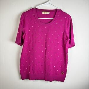 Michael Kors Fuschia Studded Short Sleeve Knit Top Medium Gold Logo Detail